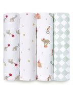 aden + anais White Essentials 100% Cotton Muslin Blanket Elephant Circus Muslins 4 Pack