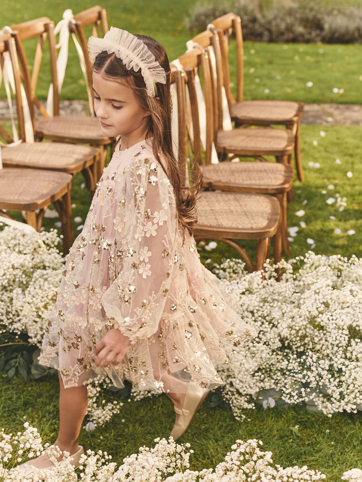 Pink/Gold Embroidered Sequin Long Sleeve Mesh Occasion Dress (4-14yrs)