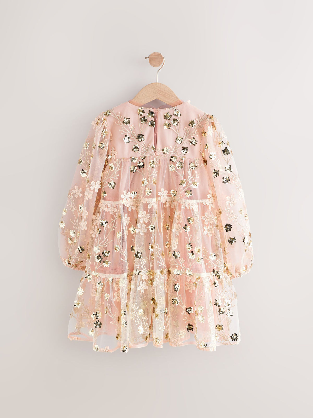 Pink/Gold Embroidered Sequin Long Sleeve Mesh Occasion Dress (4-14yrs)