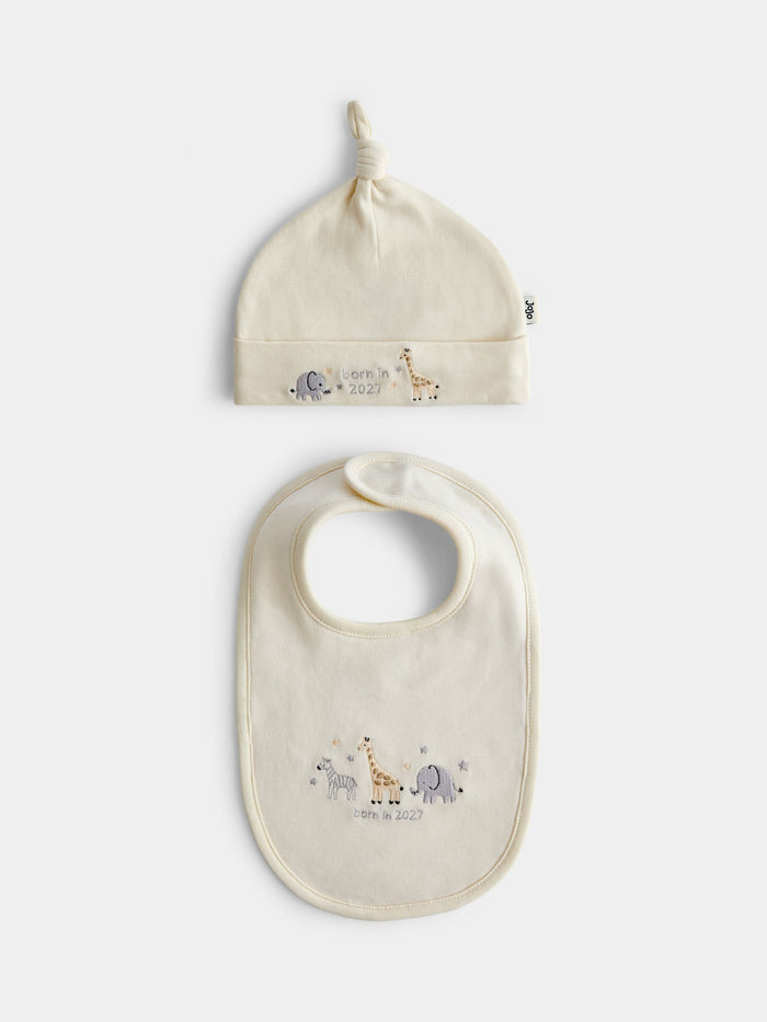 JoJo Maman Bébé Cream Safari Born in 2027 Hat & Bib Set