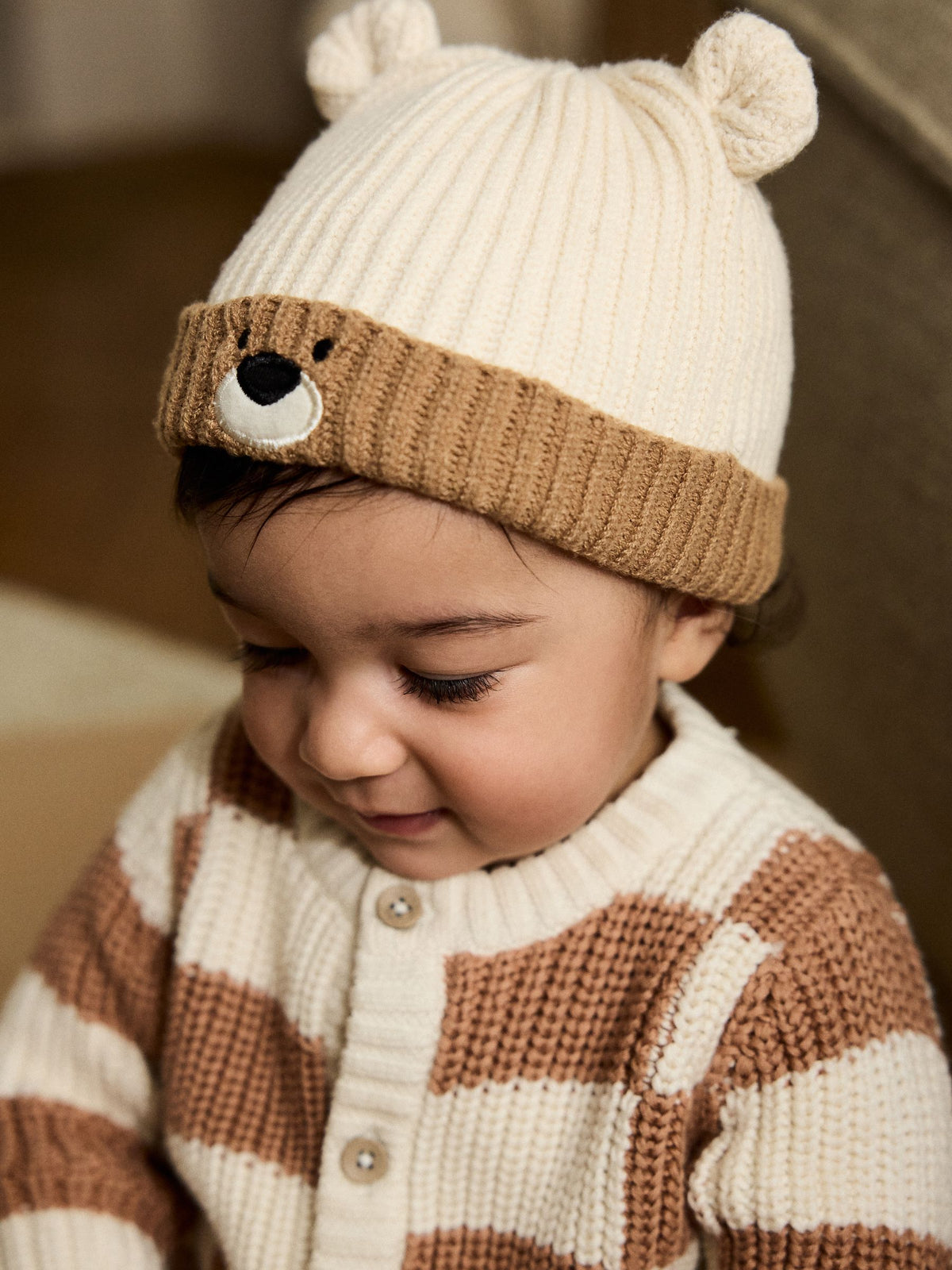 Brown Bear Face Ribbed Baby Beanie Hat