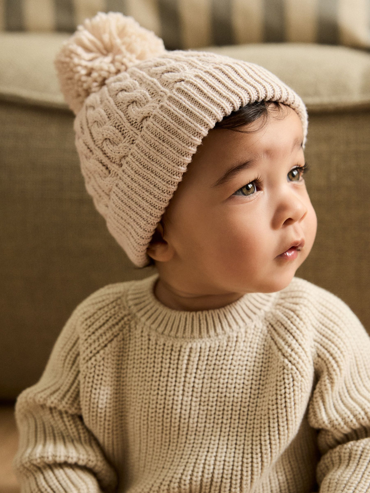 Cream Knitted Cable Pom Beanie