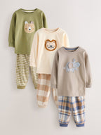 Olive Green/Stone/Ecru Animal Check Woven Bottom Pyjamas 3 Pack (9mths-12yrs)