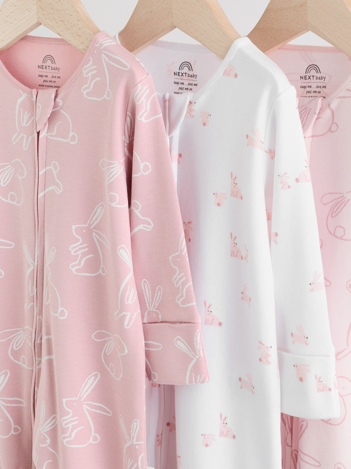 Pink Bunny Two Way Zip Baby Sleepsuits 3 Pack (0mths-2yrs)
