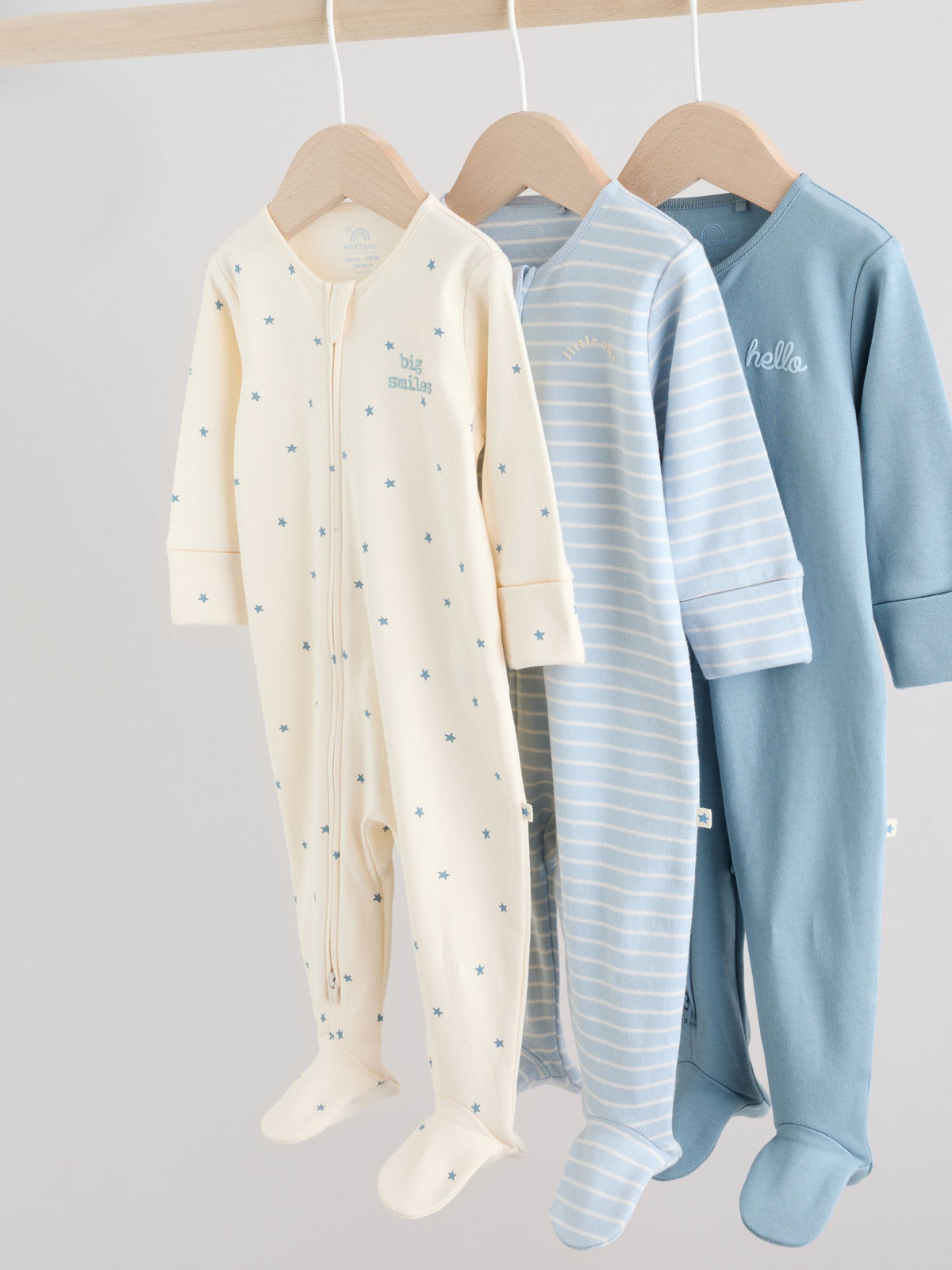 Blue Two Way Zip Baby Sleepsuits 3 Pack (0-2yrs)