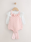 Pink/White Romper and Knitted Dungarees with Tights 3 Piece Set (0mths-2yrs)