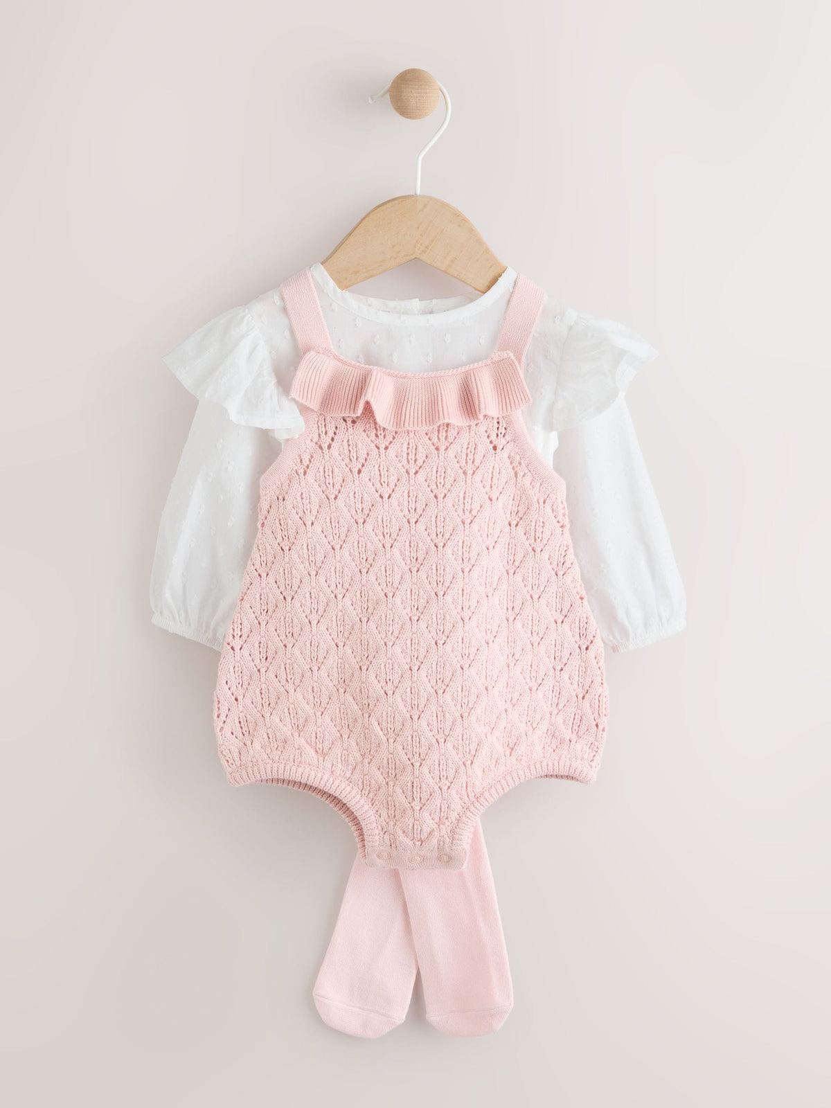 Pink/White Romper and Knitted Dungarees with Tights 3 Piece Set (0mths-2yrs)