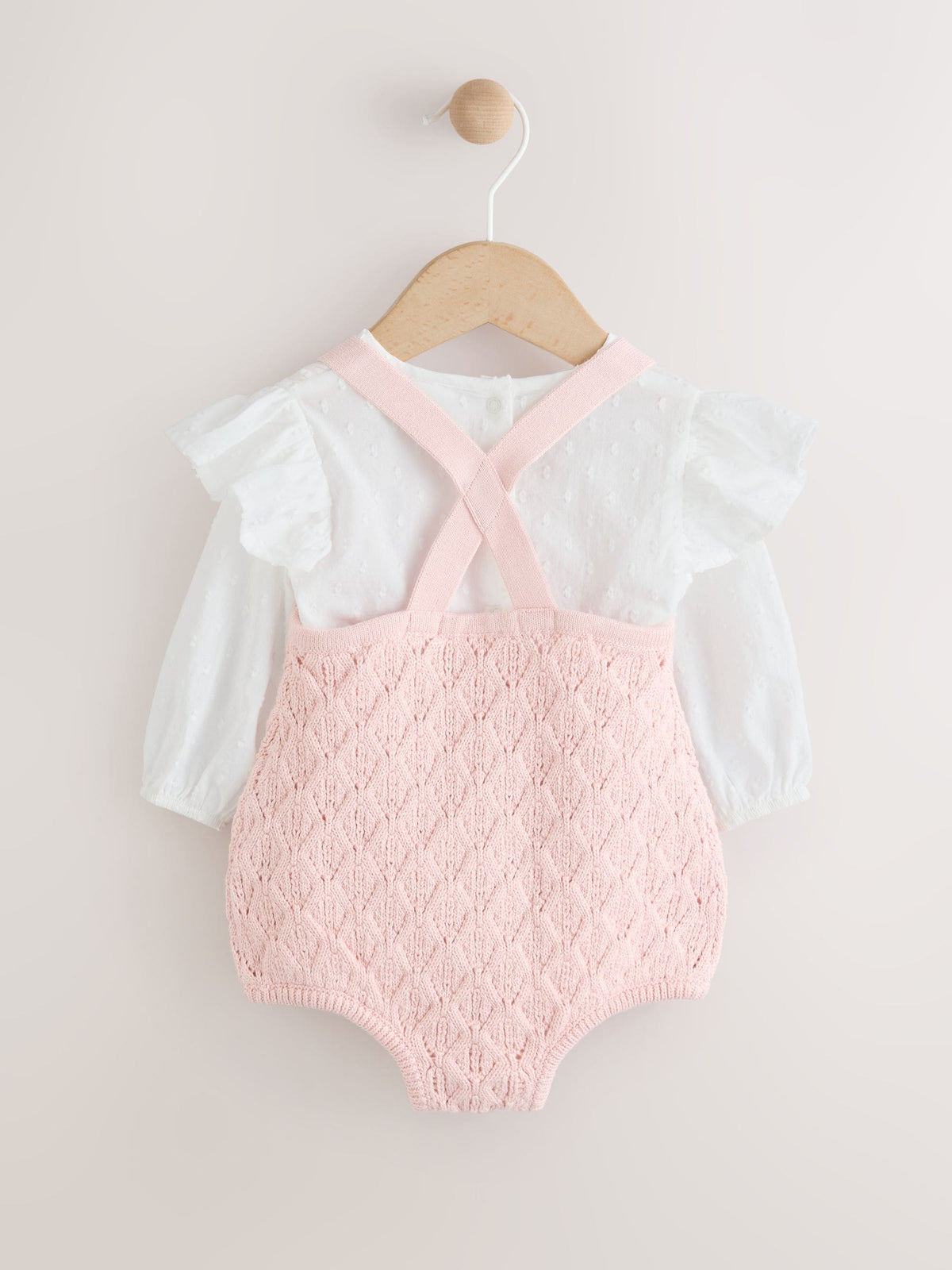 Pink/White Romper and Knitted Dungarees with Tights 3 Piece Set (0mths-2yrs)