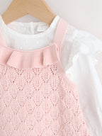 Pink/White Romper and Knitted Dungarees with Tights 3 Piece Set (0mths-2yrs)