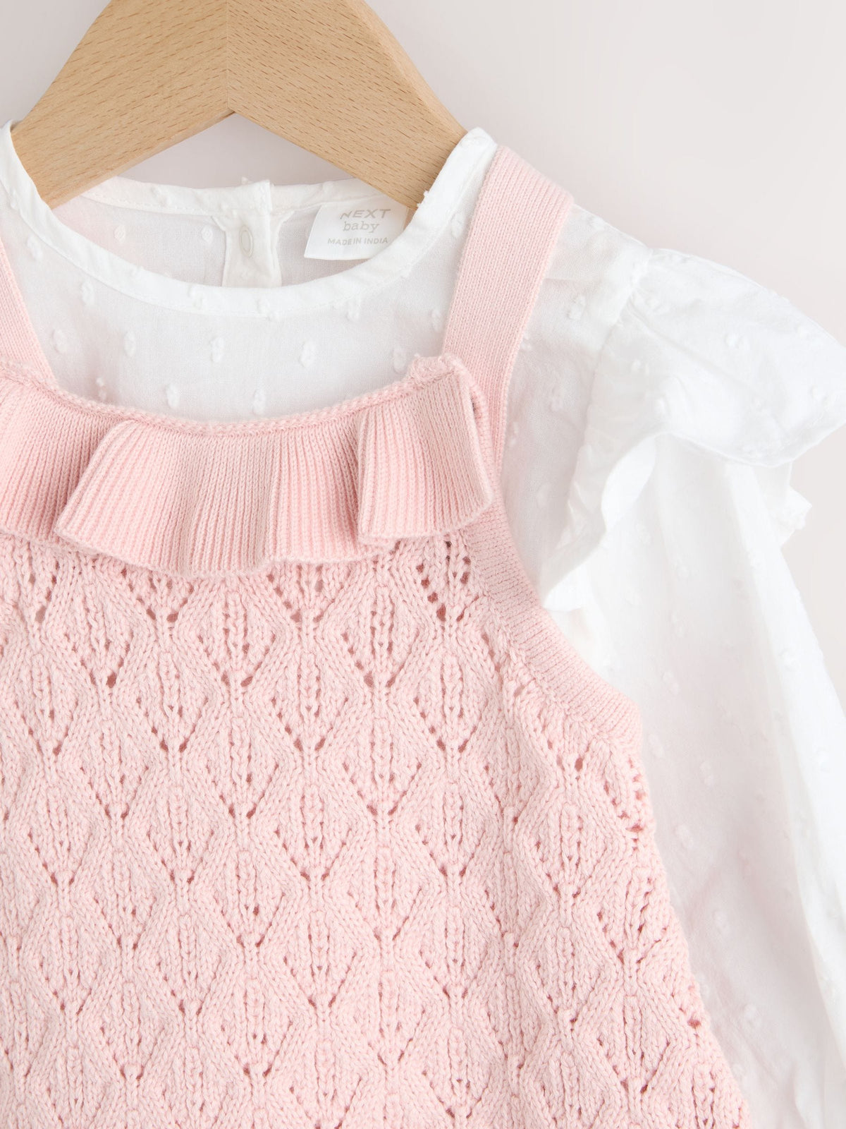 Pink/White Romper and Knitted Dungarees with Tights 3 Piece Set (0mths-2yrs)