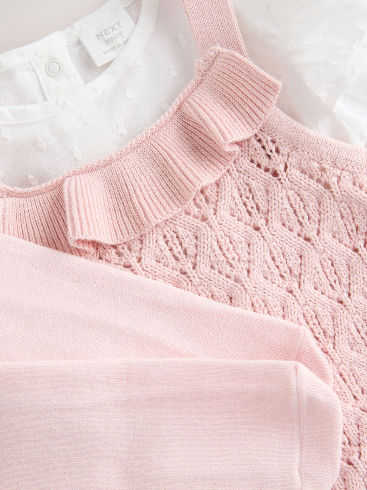 Pink/White Romper and Knitted Dungarees with Tights 3 Piece Set (0mths-2yrs)