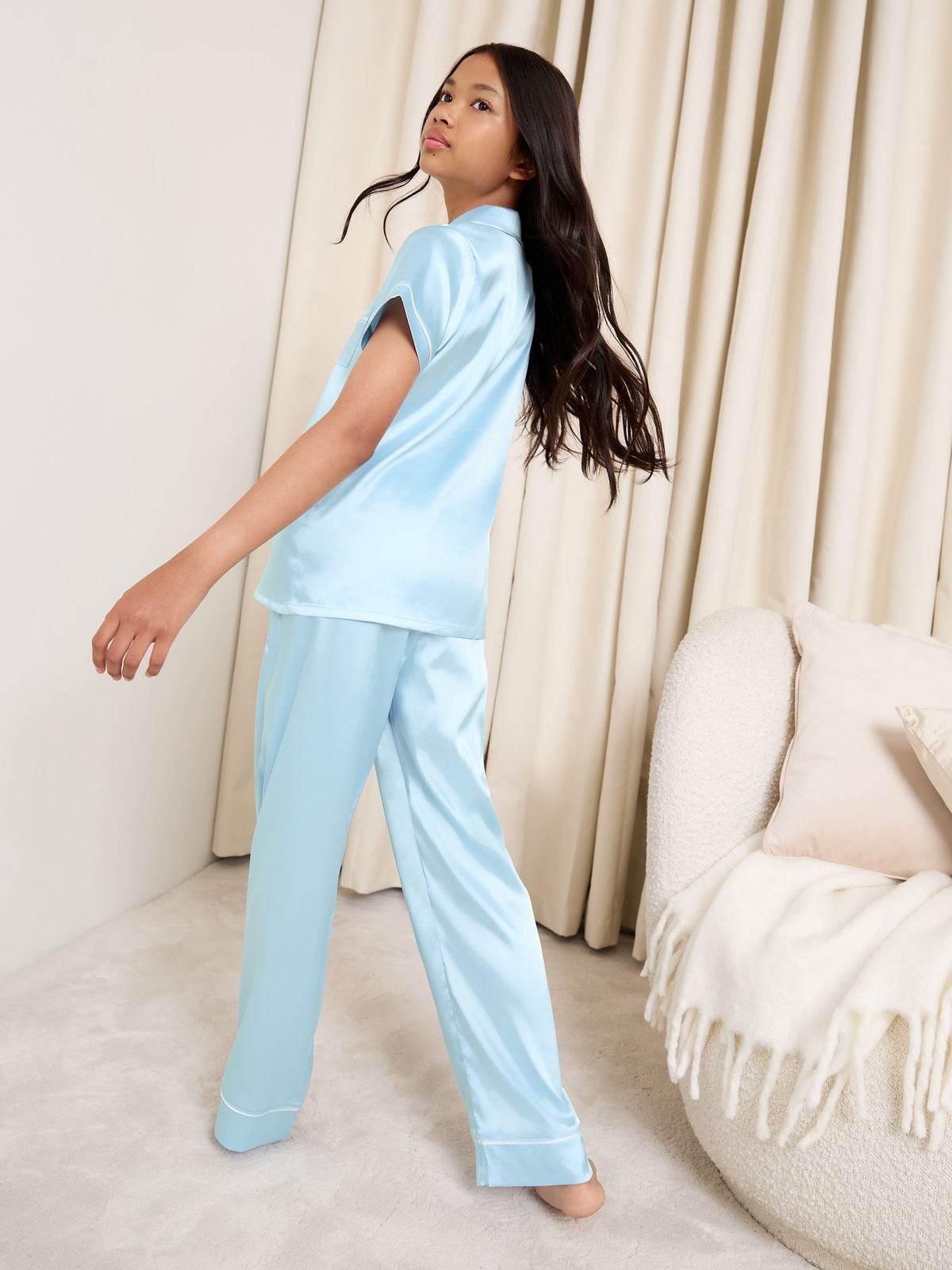 Lipsy Blue Satin Shirt And Long Leg Pyjamas Set (5-16yrs)