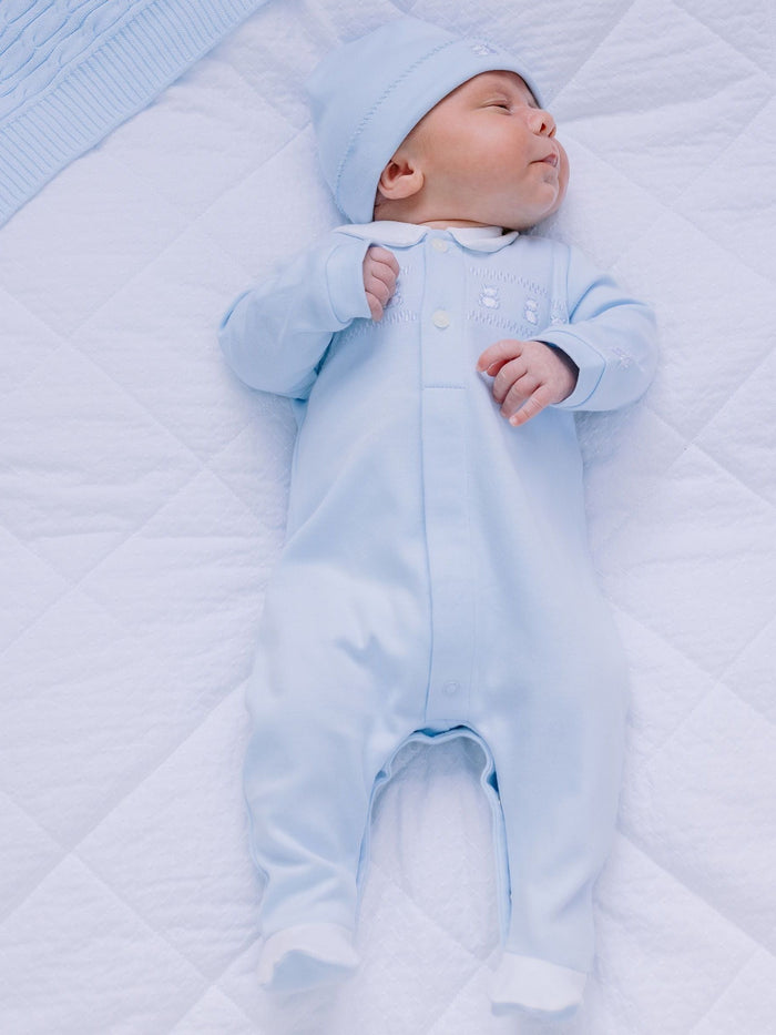 Emile Et Rose Blue Rose Front Open 100% Cotton All-In-One With Teddy Panel & Hat