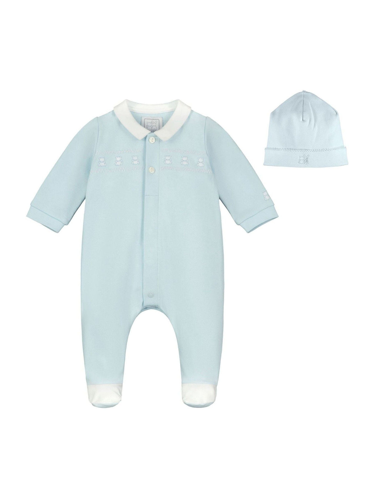 Emile Et Rose Blue Rose Front Open 100% Cotton All-In-One With Teddy Panel & Hat