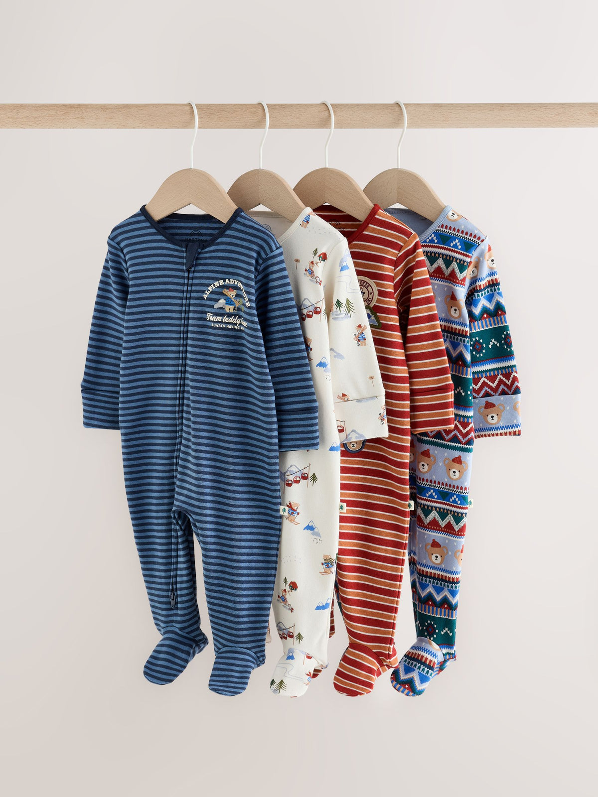 Blue Skiing Teddy Bear Two Way Zip Sleepsuits 4 Pack