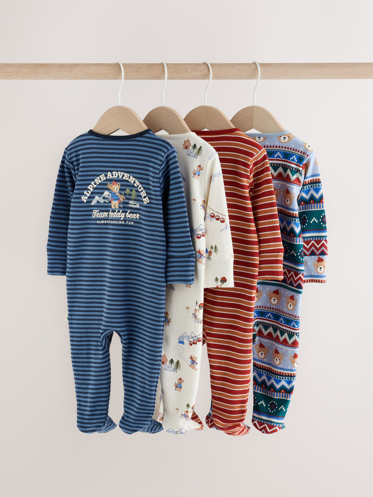 Blue Skiing Teddy Bear Two Way Zip Sleepsuits 4 Pack