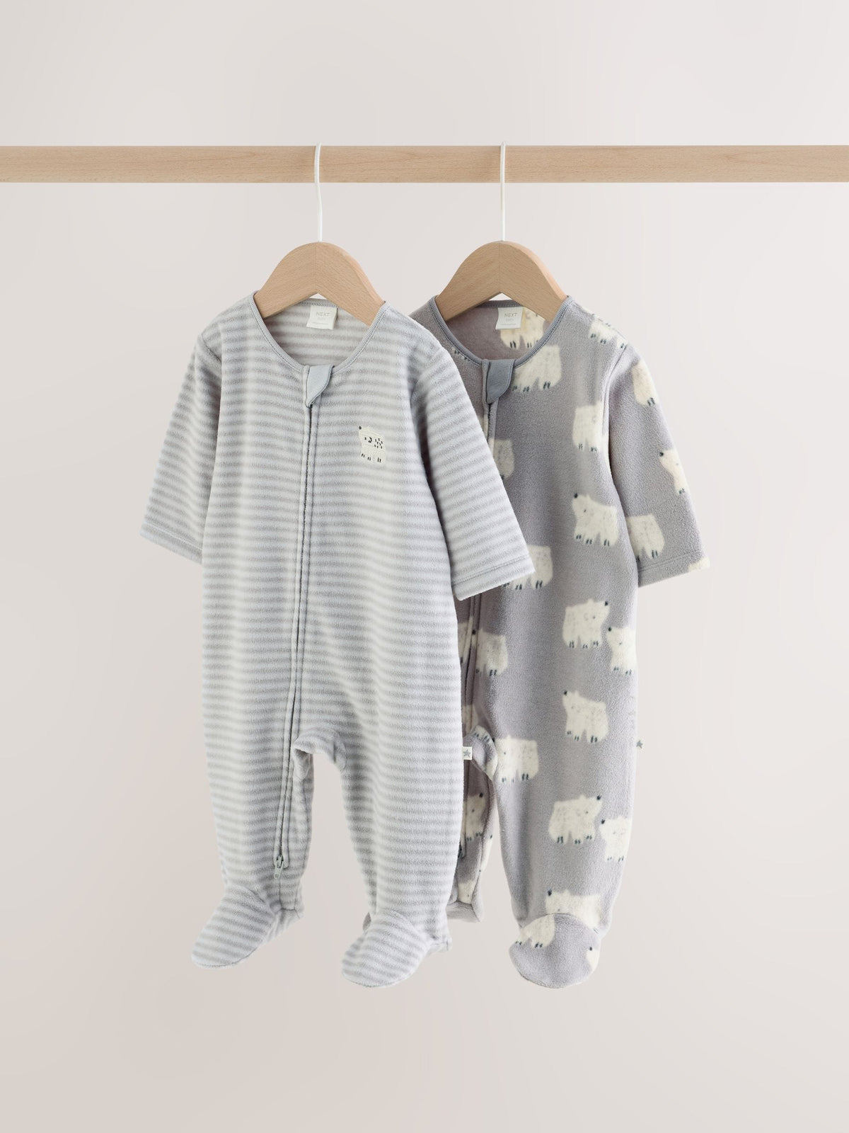 Grey Polar Bear Micro Fleece Two Way Zip Sleepsuits 2 Pack