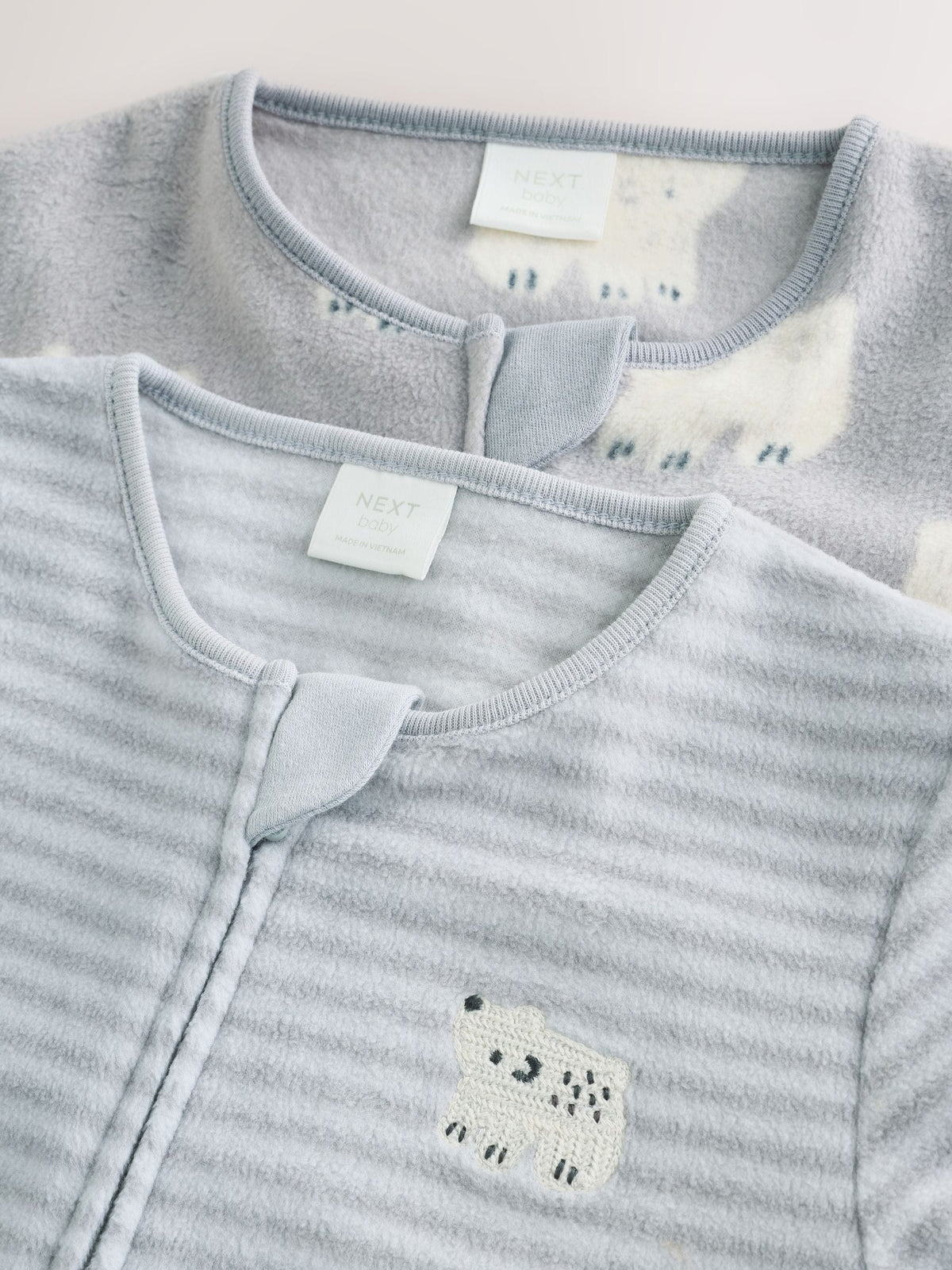 Grey Polar Bear Micro Fleece Two Way Zip Sleepsuits 2 Pack