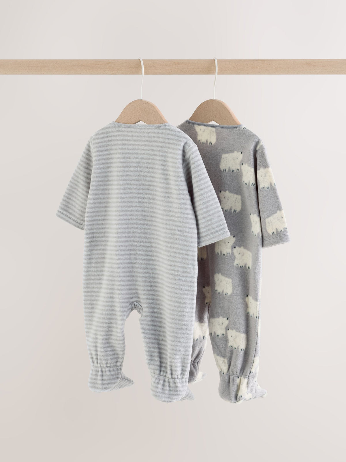 Grey Polar Bear Micro Fleece Two Way Zip Sleepsuits 2 Pack