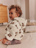 Neutral and Chocolate Floral Borg Baby Zip Thru Jacket (0mths-2yrs)