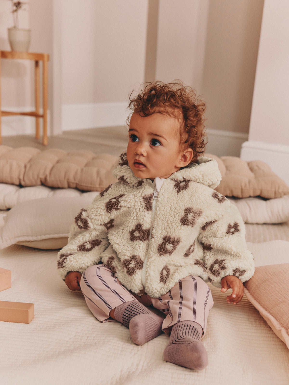 Neutral and Chocolate Floral Borg Baby Zip Thru Jacket (0mths-2yrs)