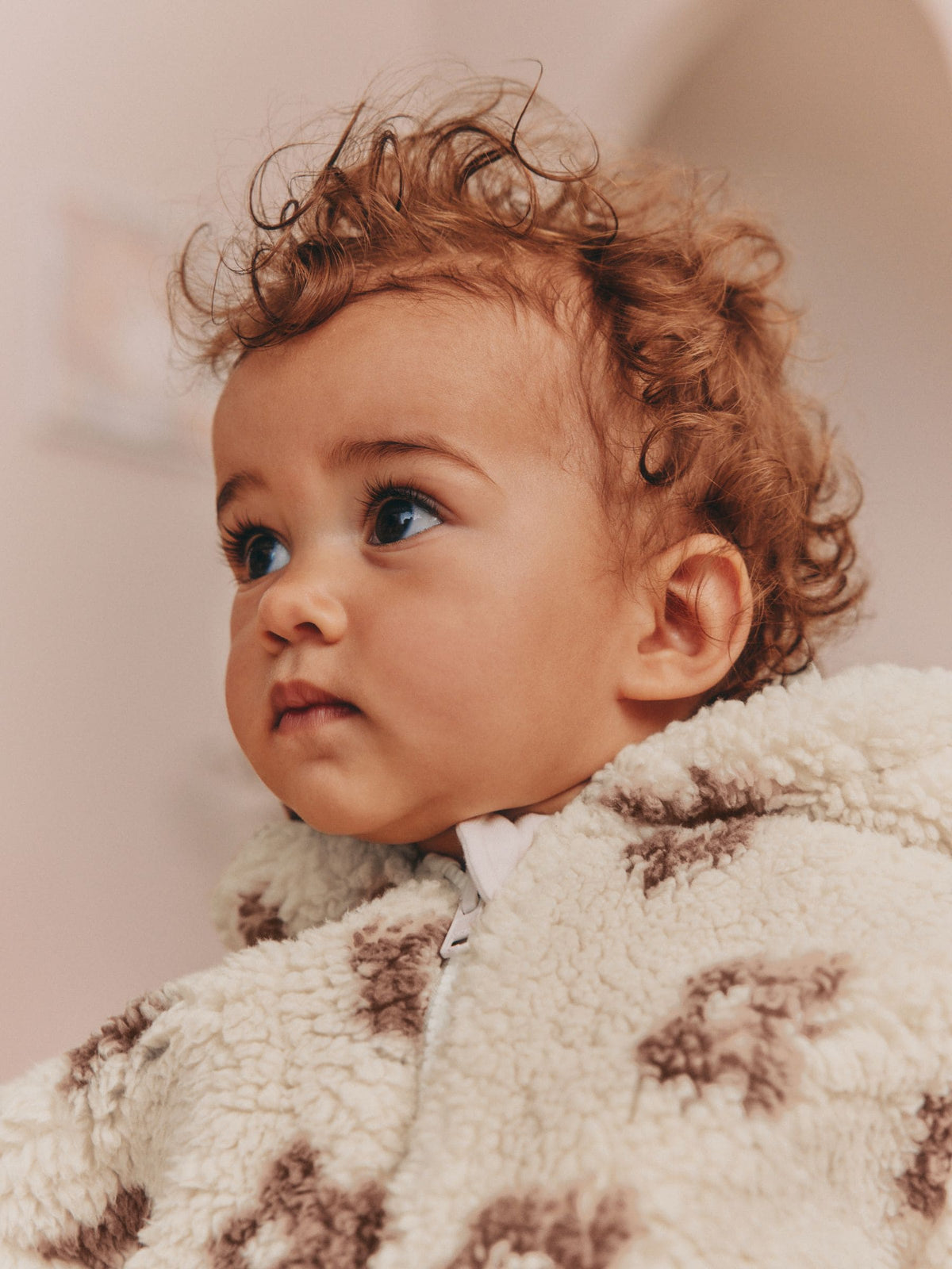 Neutral and Chocolate Floral Borg Baby Zip Thru Jacket (0mths-2yrs)
