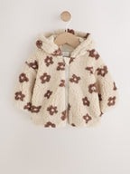 Neutral and Chocolate Floral Borg Baby Zip Thru Jacket (0mths-2yrs)