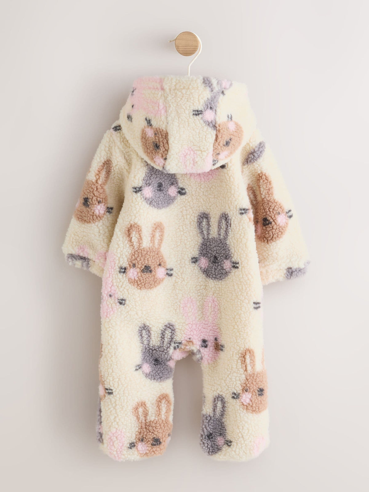 Ecru Bunny All Over Print Borg Hooded Baby All-In-One (0mths-2yrs)