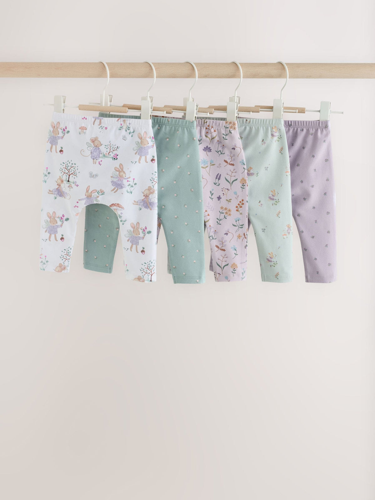 Sage Green Fairy Mouse Baby Leggings 5 Pack (0mths-2yrs)