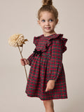 Red Velvet Bow Long Sleeve Check Dress (3mths-8yrs)