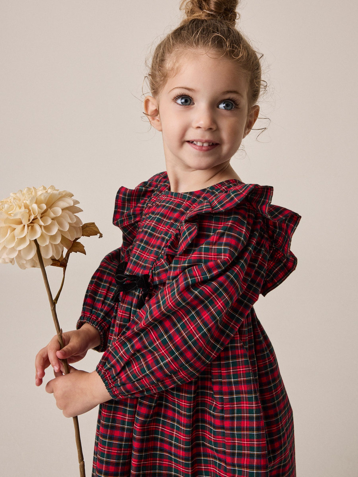 Red Velvet Bow Long Sleeve Check Dress (3mths-8yrs)