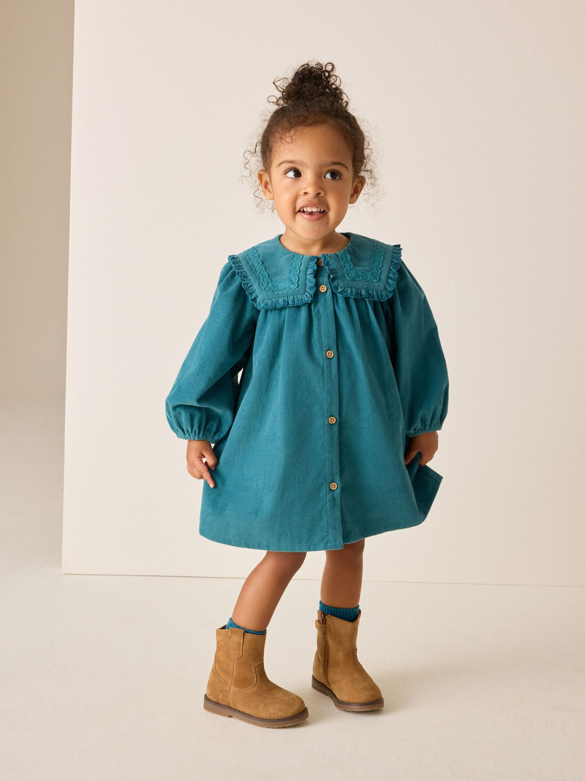 Teal Blue Collar Detail Long Sleeve Cord Dress (3mths-8yrs)