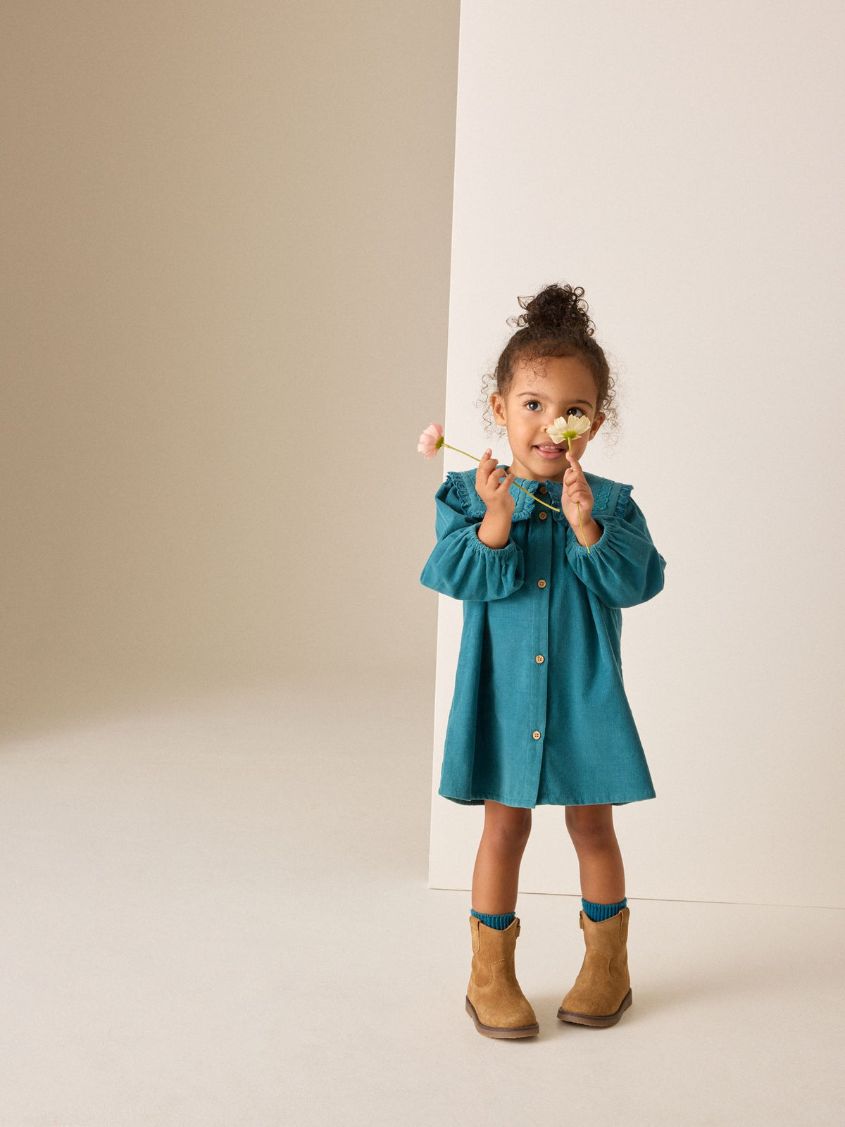 Teal Blue Collar Detail Long Sleeve Cord Dress (3mths-8yrs)