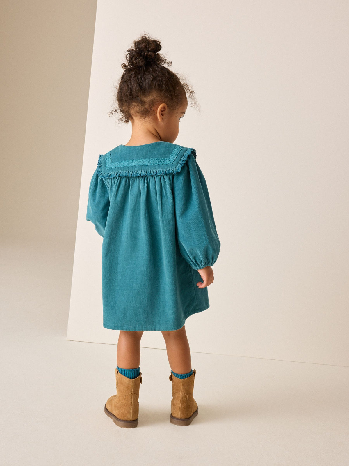 Teal Blue Collar Detail Long Sleeve Cord Dress (3mths-8yrs)