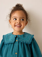 Teal Blue Collar Detail Long Sleeve Cord Dress (3mths-8yrs)
