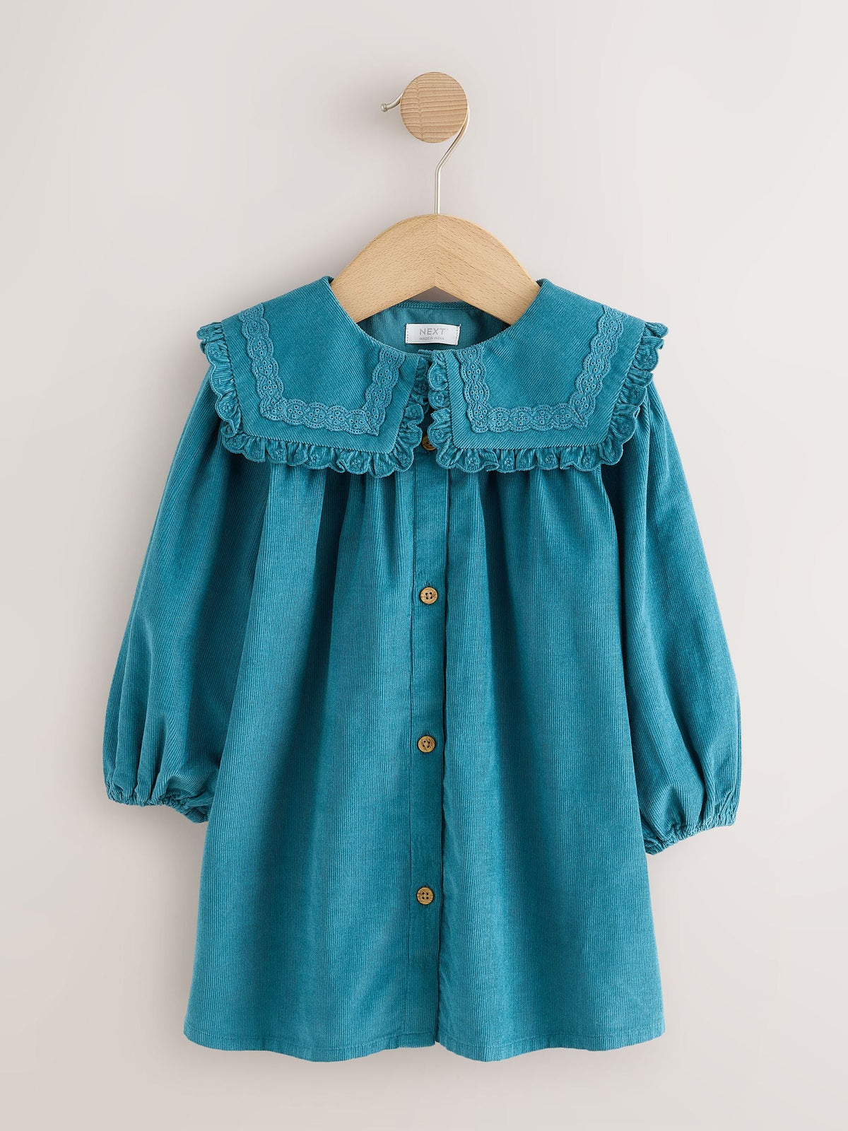 Teal Blue Collar Detail Long Sleeve Cord Dress (3mths-8yrs)