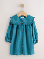 Teal Blue Collar Detail Long Sleeve Cord Dress (3mths-8yrs)