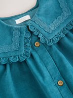 Teal Blue Collar Detail Long Sleeve Cord Dress (3mths-8yrs)