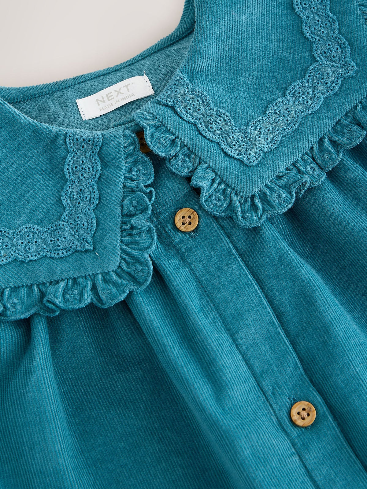 Teal Blue Collar Detail Long Sleeve Cord Dress (3mths-8yrs)