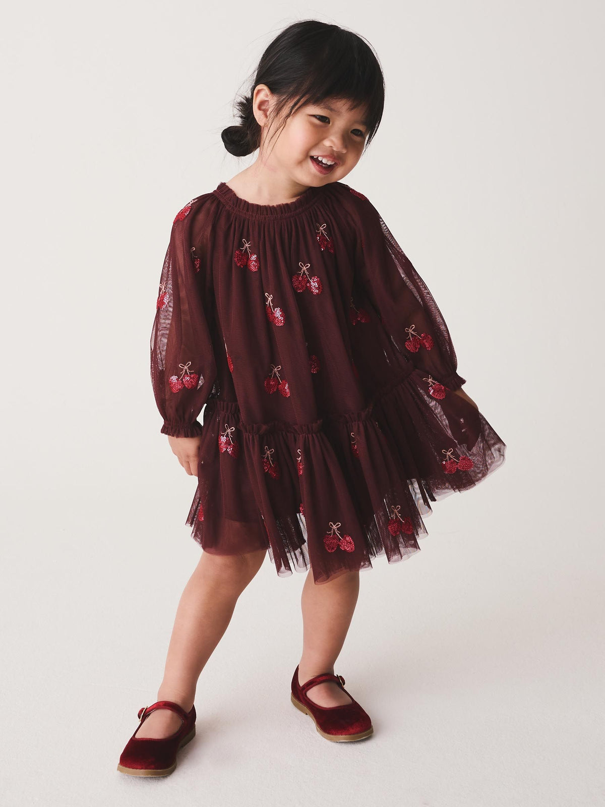 Burgundy Red Cherry Sequin Mesh Occasion Dress (3mths-8yrs)