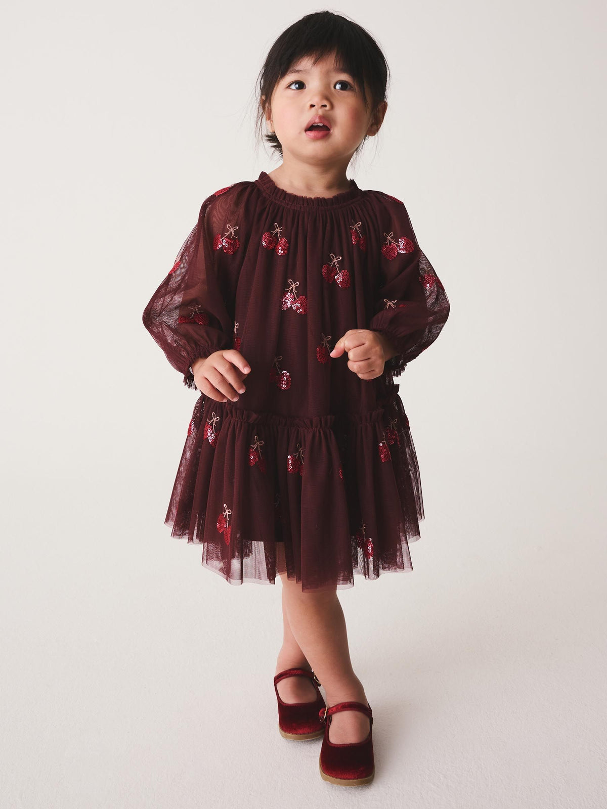 Burgundy Red Cherry Sequin Mesh Occasion Dress (3mths-8yrs)