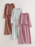Pink/Grey/Brown Cardigan Wide Leg Pyjamas 3 Pack (3-16yrs)