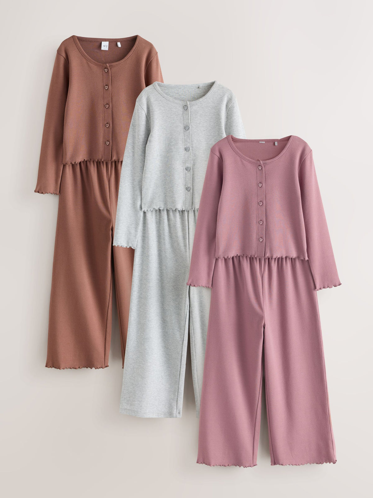 Pink/Grey/Brown Cardigan Wide Leg Pyjamas 3 Pack (3-16yrs)