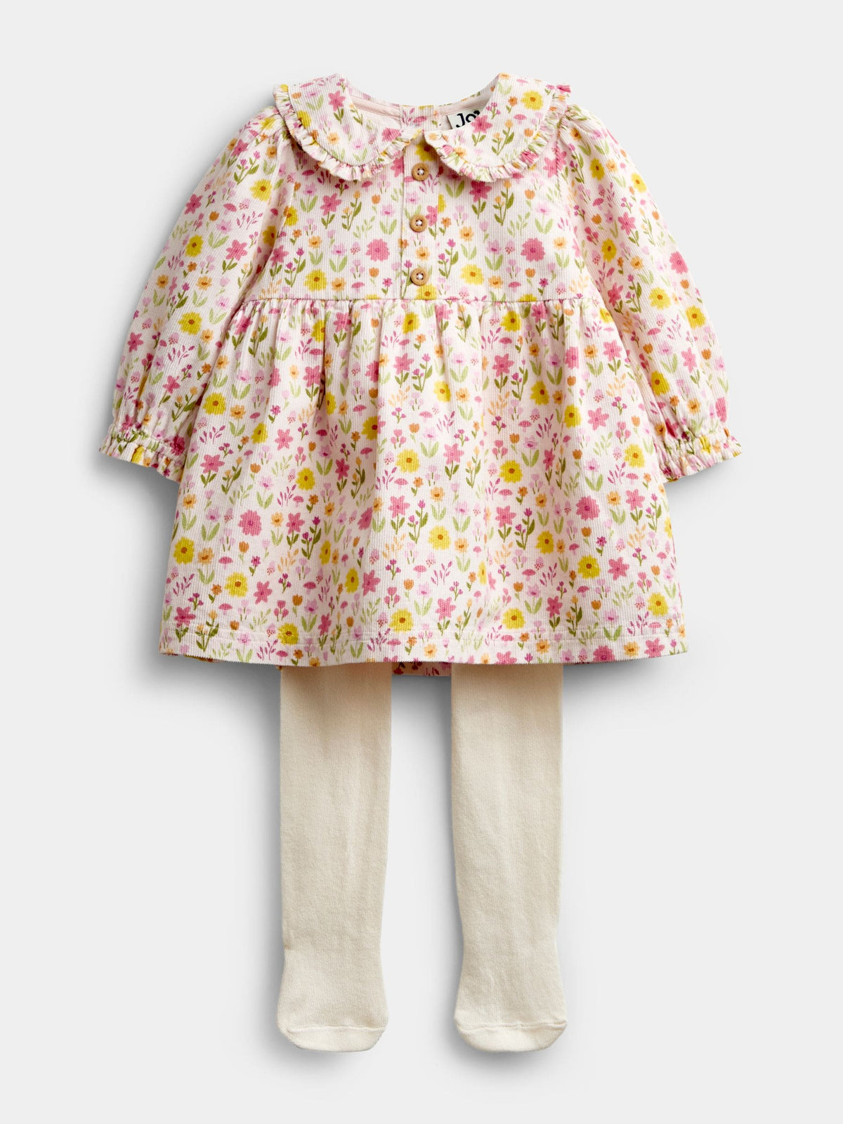 JoJo Maman Bébé Pink Floral Cord Baby Dress & Tights Set