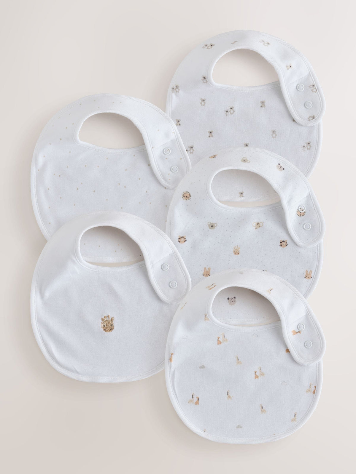 White Mini Safari Animals Baby Bibs 5 Pack