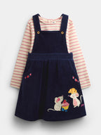 JoJo Maman Bébé Navy Blue Mouse Embroidered Velour Pinafore Set