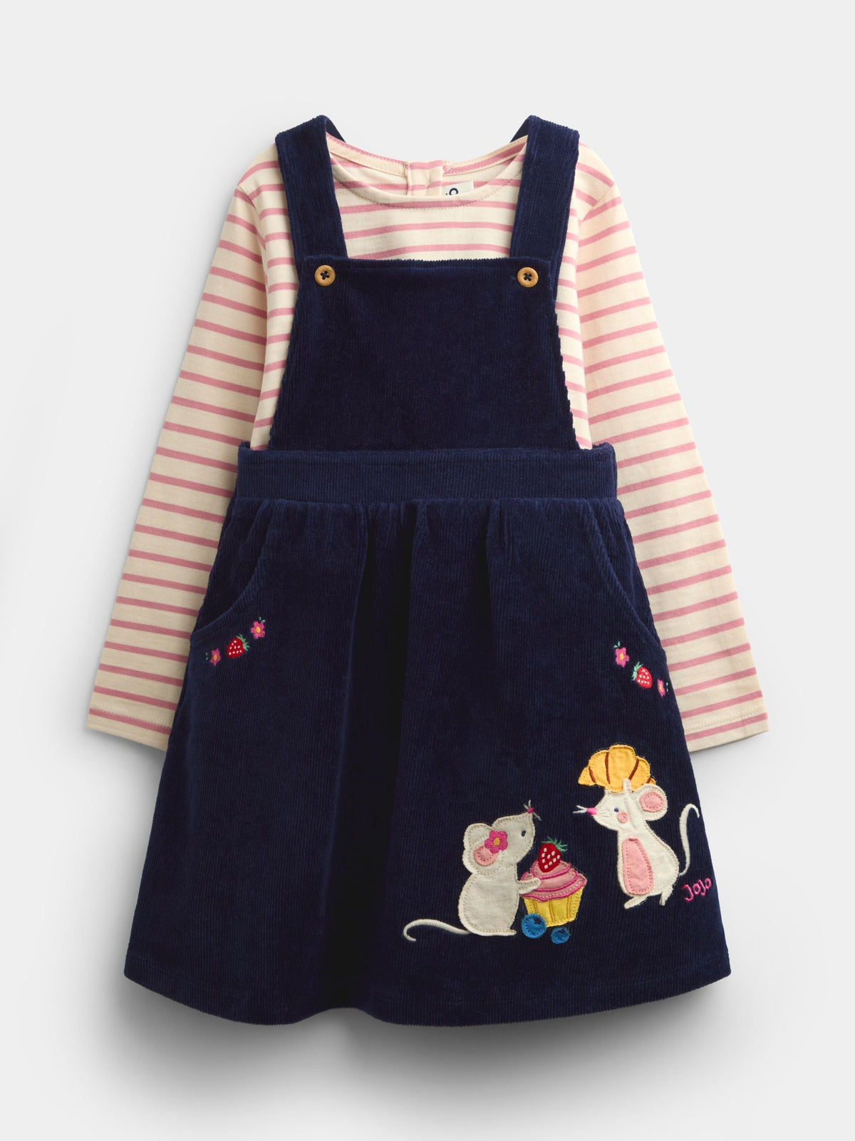 JoJo Maman Bébé Navy Blue Mouse Embroidered Velour Pinafore Set
