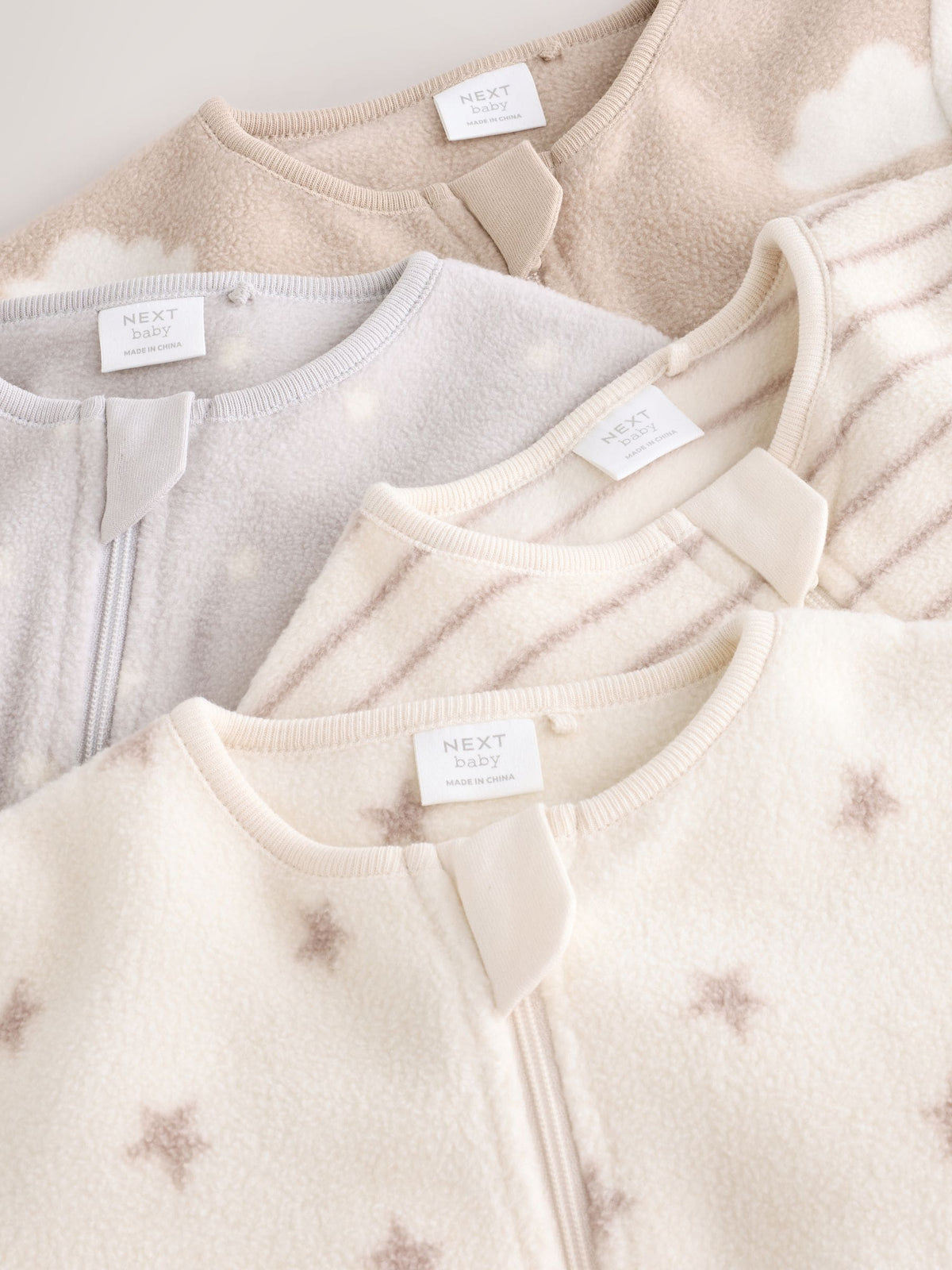 Neutral Micro Fleece Two Way Zip Baby Sleepsuits 4 Pack