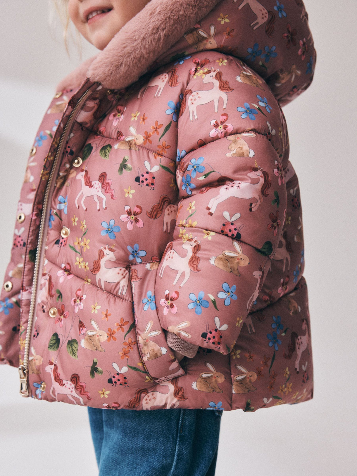 Pink Unicorn Shower Resistant Faux Fur Trim Padded Coat (6mths-7yrs)