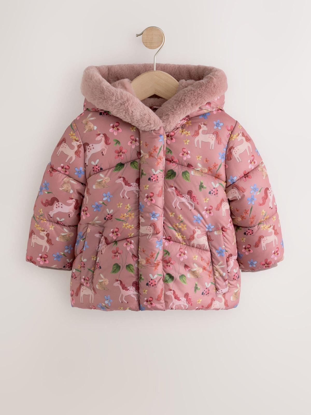Pink Unicorn Shower Resistant Faux Fur Trim Padded Coat (6mths-7yrs)